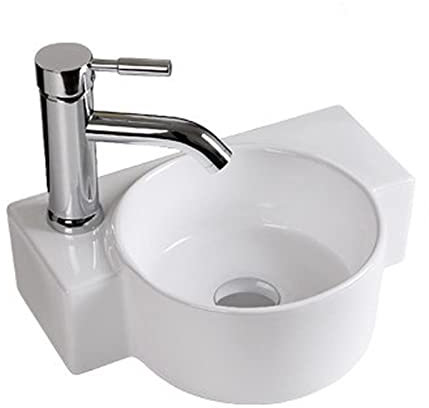 Lavabo de Salle de Bain Lavabo d'angle de Salle de Bain Lavabo Suspendu au Mur Petit lavabo Mural Blanc Moderne en céramique Robinet et Drain Inclus Meuble-lavabo