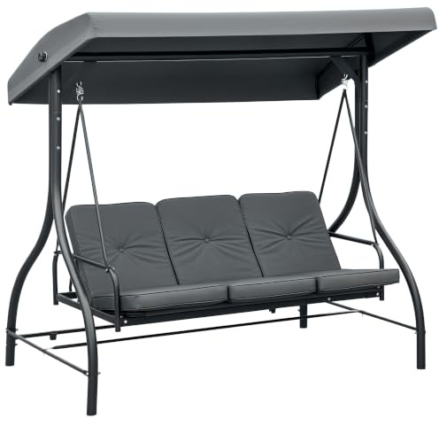 Outsunny 2 in 1 Hollywoodschaukel 3-Sitzer Garten 195x117x175 cm Dunkelgrau | Gartenschaukel mit Liegefunktion, Verstellbares Sonnendach, Schaukelbank Belast Bis 240kg, Gartenliege, Für Garten, Terrasse