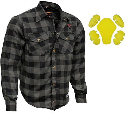 RIDERACT Mens Reinforced Flannel Motorcycle Shirts Road Series Motorbike Riding Armored Jacket Protective Gear Biker Shirt (US, Alpha, X-Large, Regular, Regular, Grey Black)