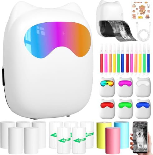 NLMWTI Mini Drucker, LED Tragbarer Mini-Wärmedrucker, Thermo-Foto, Wireless Fotodrucker mit Android & iOS mit 14 Rollen Papier, Drucker ohne Tinte, für Notizen, Bilder, Fotos, Journal