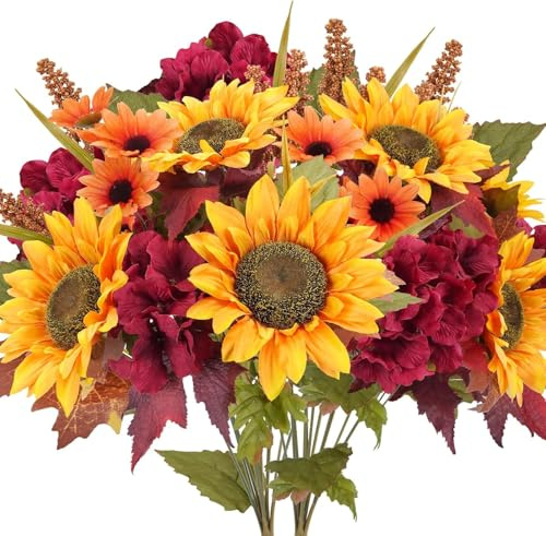 HUAESIN 2PCS Fleurs Artificielles Automne Tournesol Artificiel Hortensia Artificielle Marguerite Artificielle Fausse Fleur pour Decoration Automne Interieur Mariage Décoration Maison Orange