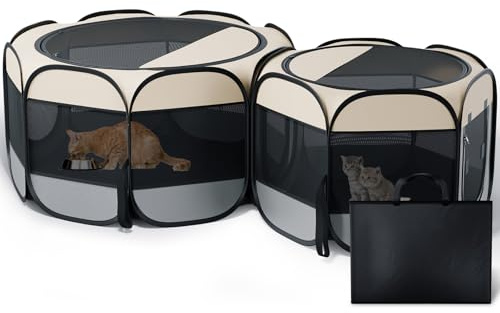 Cat Playpen, 60x 24 Large Portable Puppy Playpen, 2-Room Foldable Dog Playpen for Indoor Outdoor Dogs, Cats, Small Animals with Carrying Case