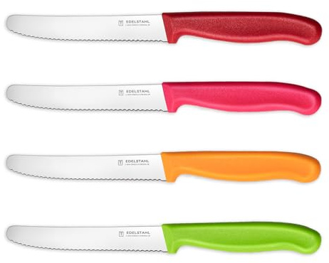 Tomato Knives,Set of 4,Utility Knifes,Serrated Small Knife,Multicolor,11cm | Targzier Stainless Steel Small Kitchen Knives&Fruit Knives,Robust Plastic Handle Tomato Knife,Red&Pink&Orange&Green