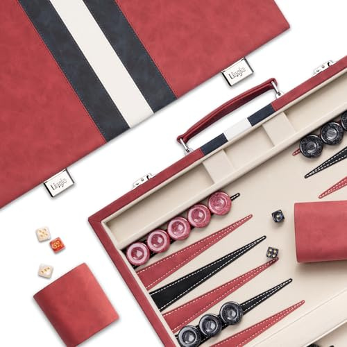 Lingle 15inch Backgammon Sets for Adults, Classic Board Game with Folding Leather Backgammon Case, Faux Leather Exterior and Velvet Interior, Portable Travel Game Set (Red)
