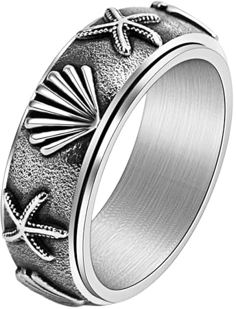 JewelryWe Angst Ring mit Seestern & Muschel, Vintage Edelstahl Fidget Spinner Ring Drehbarer Damenring Herrenring Anti-Stress Maritimer Fingerring Ozean Meer Schmuck für Damen Herren