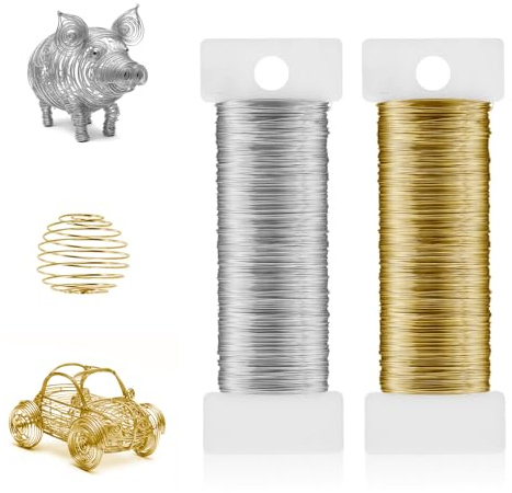 Nogeqi 0,3 mm x 100 m pysseltråd tunn, blomtråd smyckestråd för pyssel silvertråd silver guld för bukett jul hantverk växter stjälklinda smyckestillverkning (50 m/rulle)