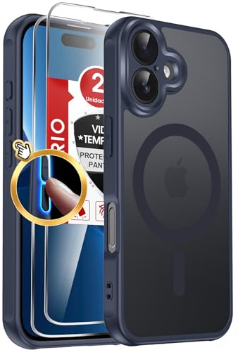 LeYi Funda para iPhone 16 Compatible con MagSafe Magnética, con 2× Cristal Templado, Carcasa Translúcido Esmerilado Grado Militar Antigolpes Case, Azul