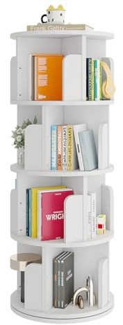 NEWTURN Rotating Bookshelf, 360° Display 4 Tier Floor Standing Bookcase Storage Rack,Wood Narrow Book Shelf Organizer for Bedroom,Living Room,Small Corner Bookshelf,White