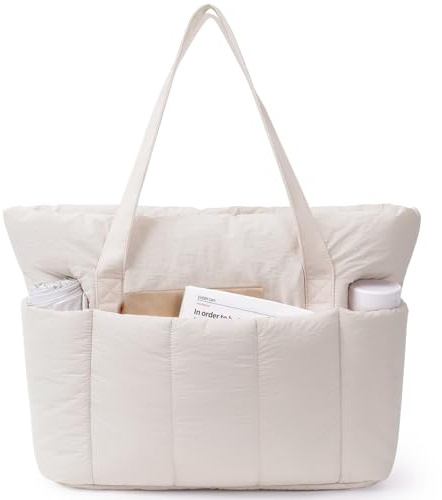 Narwey Stor vadderad toteväska för kvinnor, Puffer Tote Bag för arbete och sport med dragkedja och laptopfack, lätt hand- och axelväska för skola, universitet och resor, Beige, 39cm x 16cm x 32cm