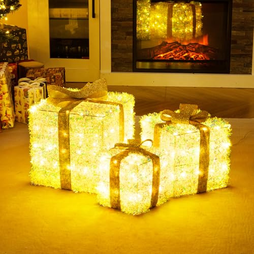 COSTWAY LED Geschenkbox 3er Set, beleuchtete Weihnachtsdeko mit 200 warmweißen LED-Lichtern, Weihnachtenbox mit goldenem Schleifen, Weihnachten Dekoboxen, Weihnachtsbeleuchtung für außen & innen