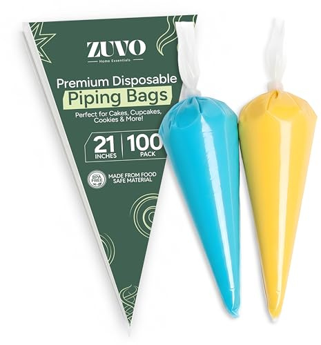 Zuvo Disposable Piping Bags (100 Pack) 21 Inch Tipless Icing Bags for Cakes | Cake, cupcake, biscuit and pastry decorating; transparent food-grade plastic, burst-proof, tipless design