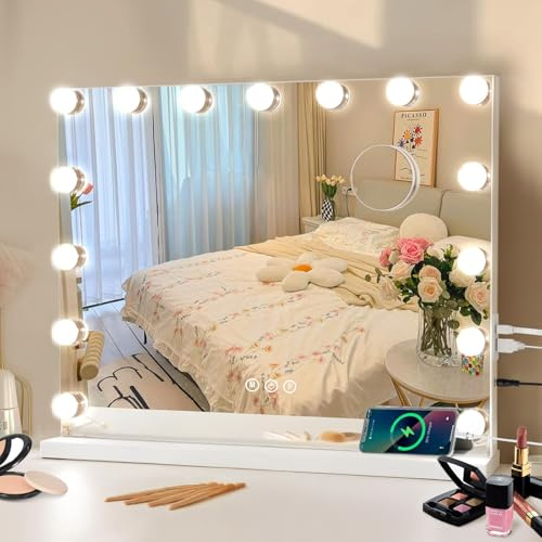 Tuocal Hollywood Schminktischspiegel mit Beleuchtung 58x46cm, 15 dimmbaren Glühbirnen und 3 Farbmodi Licht, schminkspiegel mit Beleuchtung 10X Vergrößerung Touch Steuerung mit USB für Schlafzimmer