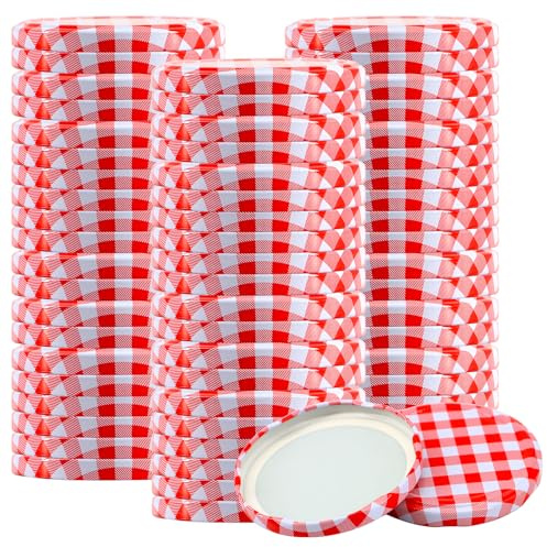 Scettar 60 Pièces Couvercle Pot Confiture 82mm, Couvercles pour Bocaux de Conserves et Confitures en Fer blanc(Rouge-blanc)