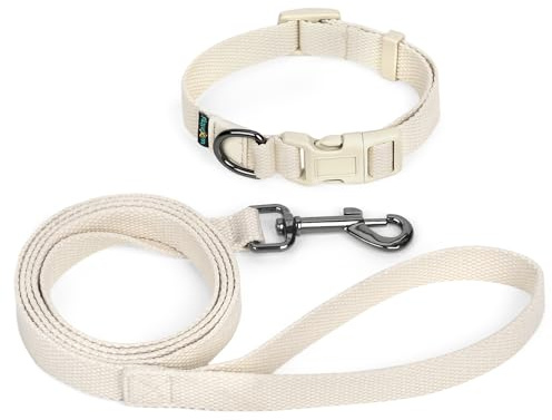 Welpenhalsband und Leine Set-1pc Weiche Hundehalsband Klein Verstellbares 25-40cm für Hunde Kleine Mittel Katzen und 1pc Leine 1,5m aus Baumwollmaterial für Training Ausführen(Beige-S)