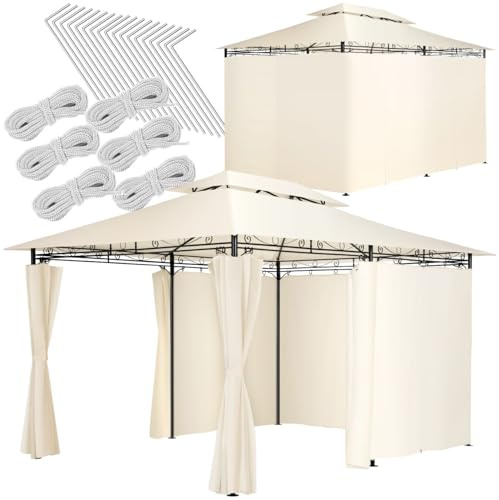 tectake® Gazebo da Giardino Deluxe, 400x300x265 cm, Gazebo Esterno Resistente con 6 Teli Laterali, Tendone da Esterno Regolabile ed Impermeabile, Resistente Raggi UV, Tenda Giardino, Sagre - Crema