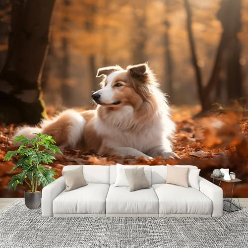 Papel Tapiz 250x175cm Bosque Animales Cachorro Hojas CaíDas Decoración De Pared Sala Cuarto Oficina Salón Amarillo CáLido Fotomural limpiable - Mural de Papel Pintado