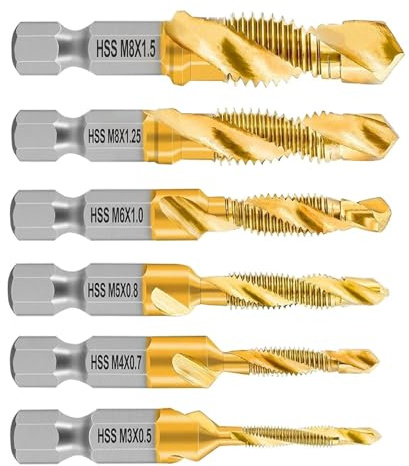 LUCTHY 6-Piece HSS Drill Tap Bit Set, M3-M10 Coated Metric Thread Tap Bits | HSS titanium-coated drill screw taps tool for metal, plastic and wood. M3 M4 M5 M6 M8 M10 sizes for quick change hex shank