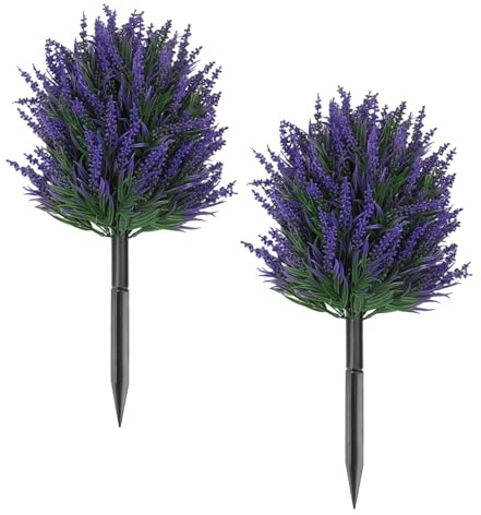 FUBESK 2 Pack Artificial Lavender Topiary Ball Trees 50cm with Ground Spike, UV Resistant Faux Boxwood Shrubs for Garden Patio Decor