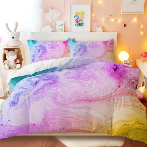 BlessLiving Girls Single Duvet Cover Set, Pastel Marble Bedding 3-Piece | Soft Rainbow Bed Sets with 2 Pillowcases Purple Pink Microfiber Breathable Stylish Dreamy Modern Home Decor Abstract Art