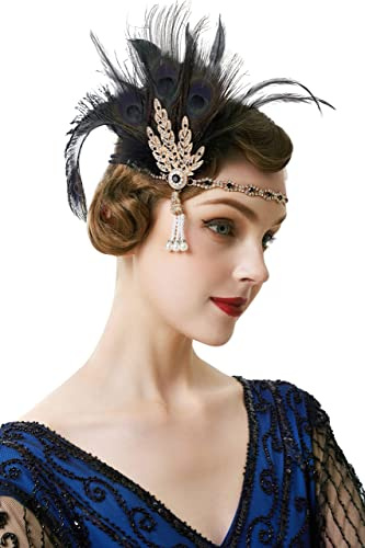 BABEYOND 1920s Stirnband mit Feder Strass Blatt Muster Damen 20er Jahre Stil Flapper Charleston Haarband Great Gatsby Damen Fasching Kostüm Accessoires (Pfau Schwarz)