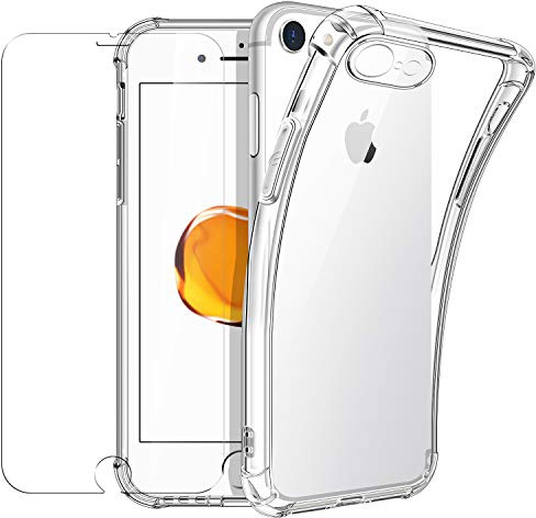 New&Teck hülle für iPhone 8/7 Und hülle für iPhone SE 2022/2020 + Hartglas-Displayschutzfolie, Durchsichtig Case Transparent Silikon Schutzhülle Premium 9H Gehärtetes Glas