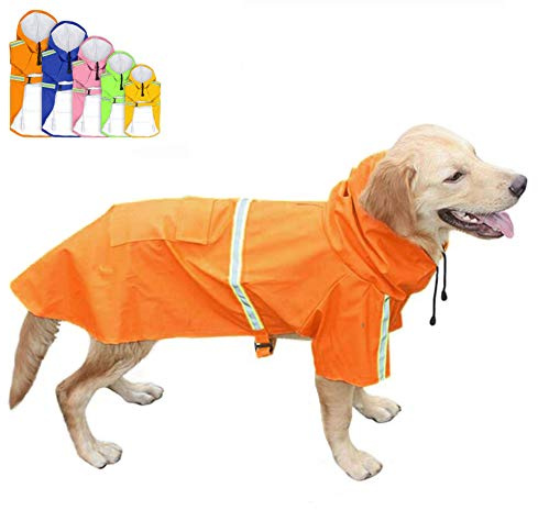 FEimaX Hunderegenmantel Wasserdicht Hunde Regenjacke mit Reflektierenden Streifen, Verstellbarer Regenmantel mit Kapuze und Kragenloch für Kleine Mittelgroße und Große Hunde