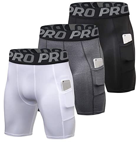 YUSHOW Lot de 3 Short de Compression Homme Short de Course avec Poches Fitness Short Running Collant Cool Dry Cycliste Sport Gym-Noir+Gris+Blanc-M
