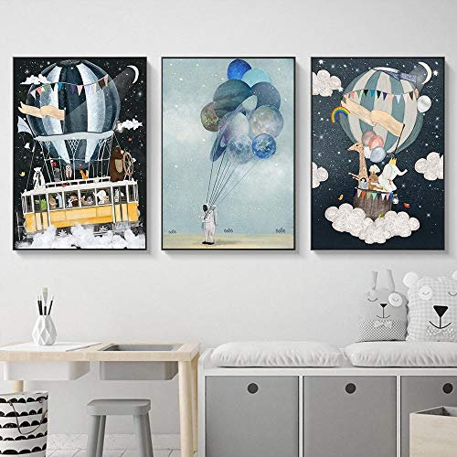 SHINERING Leinwanddruck für Kinderzimmer, Astronauten-Ballon, Raumschiff, Bär, Elefant, Giraffe, Malerei, Cartoon, Wandbilder für Kinderzimmer, 30 x 40 cm, gerahmt