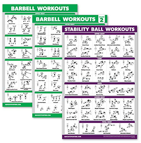 Palace Learning 3 Stück – Langhantel-Workout-Poster Volumen 1 & 2 + Yoga/Stabilitätsball Übungstabelle – Set mit 3 Postern (laminiert, 45,7 x 61 cm)
