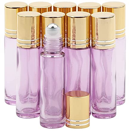 Rowiz 10pcs 10ml Small Glass Roller Bottles with Golden Cap - Pearly Purple | 1/3oz, Refillable, Thinkened Glass, Leak-proof, Portable, Small Roll on Bottles for DIY Essential Oils, Perfume, Travel