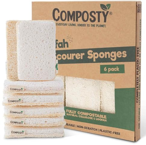 Composty Loofah Sponges Washing Up | Award Winning | 6 Pack | Eco Kitchen Sponge | Non Scratch Scourers | Compostable & Plastic Free | Cellulose Dish Sponge | Biodegradable Household Cleaning Pads