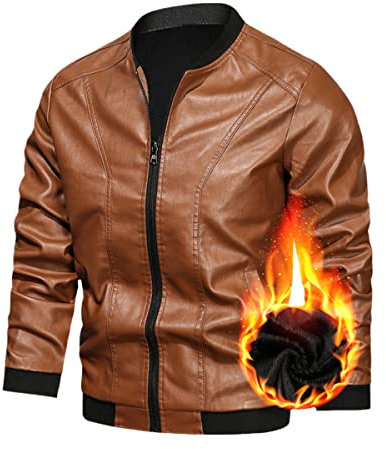 Roquorl Giacca in pelle Giacca da motociclista da pilota Giacca da baseball in PU da motociclista maschile Giacca in pile caldo taglie forti NMG9803JRBrown XL