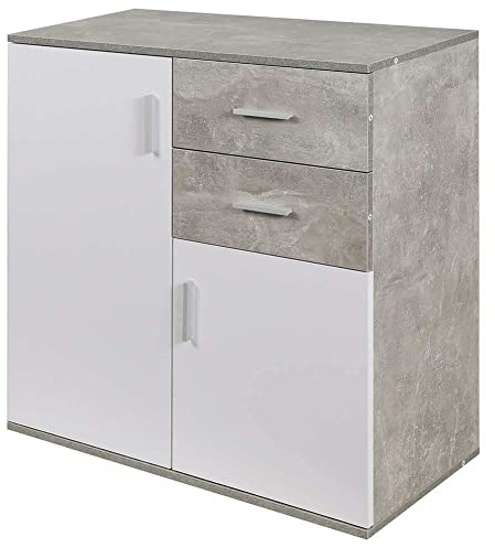 BAKAJI Mobile Madia con 2 Cassetti Doppia Anta e 2 Ripiani Interni Mobiletto Credenza Armadio Multiuso Cucina Bagno Ufficio Design Moderno in Legno MDF Bianco e Grigio Effetto Cemento 82x35x80cm