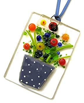 Fused glass suncatcher, Ladybird and multi coloured floral bunch in a blue polka dot flower pot. Spring hanging decoration