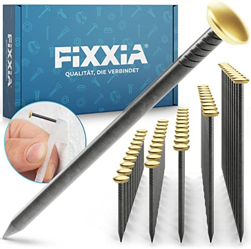 FIXXIA 50 chiodi in acciaio con testa dorata, lunghezze miste, 20/25/30/40/50 mm, chiodi da appendere per quadri, chiodi in calcestruzzo, ganci per foto (con ausilio per incisione)