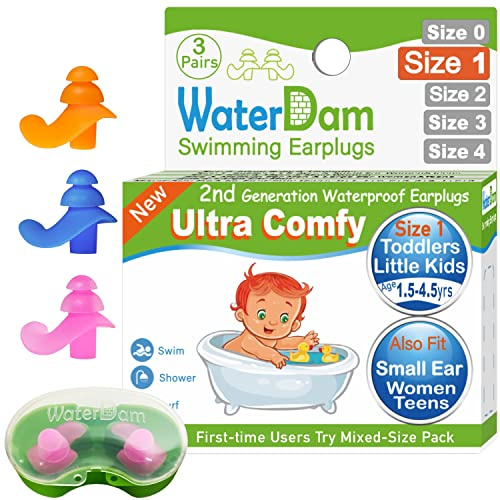 WaterDam Tappi per le orecchie da nuoto, impermeabili, ultra comodi, prevengono le orecchie del nuotatore (misura 1 + 1 + 1: per bambini piccoli ed extra piccoli, adolescenti e donne (arancione, blu