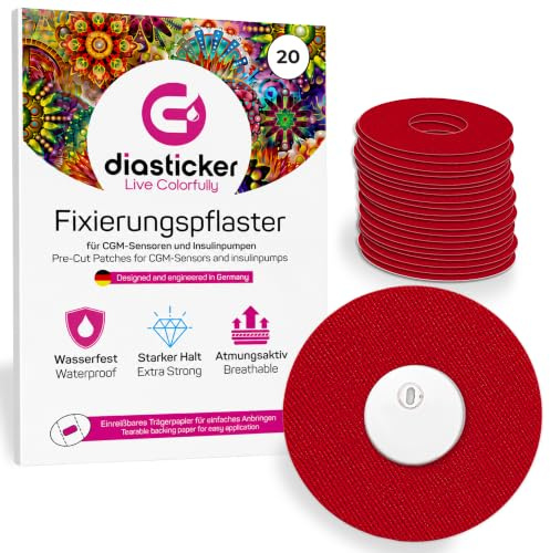 Diasticker | Freestyle Libre 3/3 Plus Fixierpflaster (20 Stück, Rot) – Extra starker Halt, wasserfest & hypoallergen, Ringpflaster zur Sensor-Fixierung