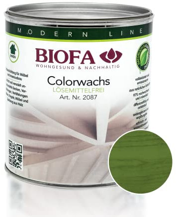 BIOFA Colorwachs lösemittelfrei farbig natürliche Holz-Wachs-Lasur mit Carnaubawachs für Holzdecken, Möbel, Spielzeug Moosgrün 0,375L