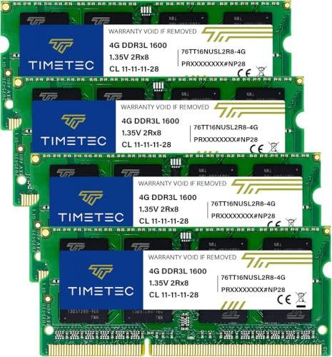 Timetec 16GB KIT(4x4GB) DDR3L / DDR3 1600 MHz PC3L-12800 / PC3-12800 Non-ECC Ungepuffert 1,35 V / 1,5 V CL11 2Rx8 Dual Rank 204 Pin SODIMM Laptop Notebook PC Computer Arbeitsspeicher RAM Modul Upgrade