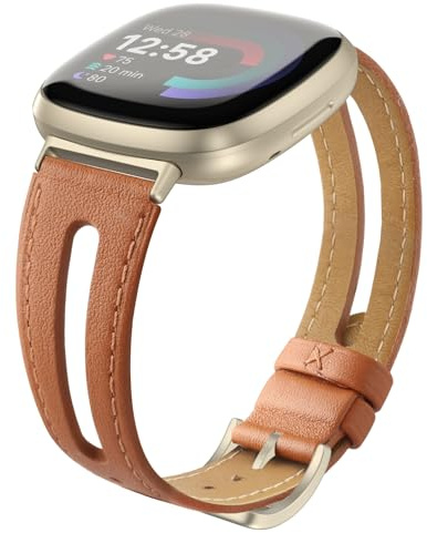 Tuocal Lederarmband Kompatibel für Fitbit Versa 4 / Versa 3 Armband/Sense Leder Armband, Schlankes Weiches Echtleder Ersatzarmband Kompatibel mit Fitbit Versa 4 / Versa 3 / Sense Damen Herren, Braun