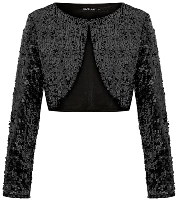 MINTLIMIT Pailletten Strickjacke Damen Kurz Offene Cardigan Langarm Bolero Dünne Elegant Haken Jacke Bolerojacke Glitzer