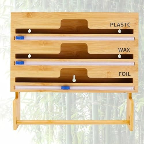 ITETONE Tin Foil Dispenser And Cutter,4-in-1 Cling Film Dispenser With Paper Holder,Wall-Mount Bamboo Storage Organizer For Aluminum Foil,Cling Film,Parchment Paper,Compatible With 12 Roll