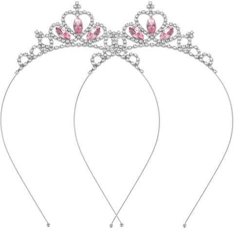2PCS Crystal Tiara Heart Rhinestone Princess Crown Birthday Headpiece Cute Bling Hair Band Party Decorations Headband Accessories for Women Girls Kids Festival Wedding Bridal