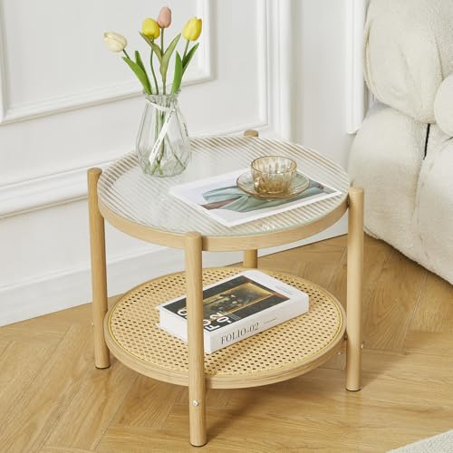 COSVALVE Boho Rattan Coffee Table Small Round, Glass Metal Side Table