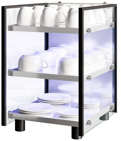 GGM Gastro Tassenwärmer 3 Ablagen 100 W | Hochwertiger Edelstahl, einfache Reinigung, herausziehbare Ablagen, stimmungsvolle LED-Beleuchtung, sofort einsatzbereit
