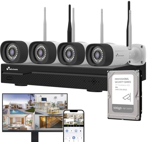 NIVIAN Kit de caméras de Surveillance Professionnelles WiFi SuperHD avec 4 caméras IP et enregistreur avec Disque Dur 500 Go 10 CH - pour Maisons et Affaires - Vision Nocturne, détection Humaine IA
