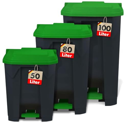 casa pura Mülltonne, Mülleimer 50 Liter, grüner Deckel, Abfalleimer für Küche und Büro, Mülltrennsystem, Tretmülleimer mit Step-On-Mechanismus, Papierkorb Olaf