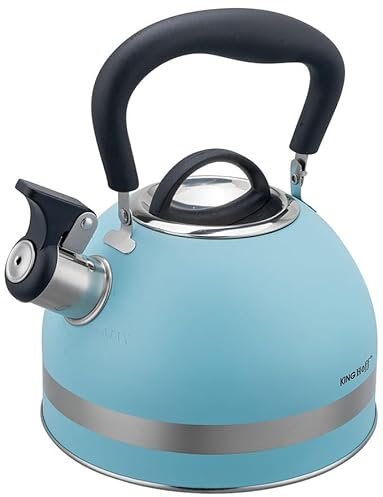 Kinghoff KH-1857 Bouilloire sifflante en acier inoxydable avec poignée rétractable pour toutes les plaques de cuisson, 1,8 l, bleu mat