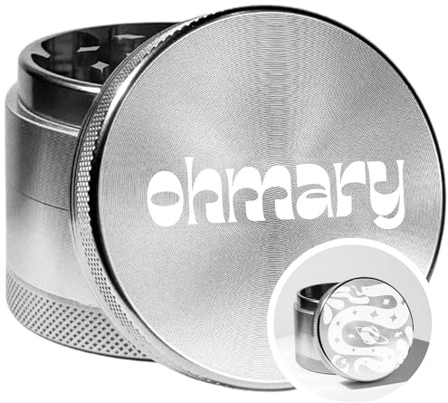 Ohmary Crusher, Grinder, Mühle, 5,5 cm, 4-teilig, Set incl. Scraper Catcher, Premium Aluminium, Edelstahl, Kräuter, Gewürze, Silber (Silver)