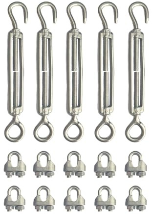 HENBOW M5 304 Stainless Steel Turnbuckle,Hook and Eye Turnbuckles with M3 Cables Wire Clip,Heavy Duty Detachable Turnbuckle for Cable Wire,Sun Shade Sail, Clothesline, Tent & Outdoor Use